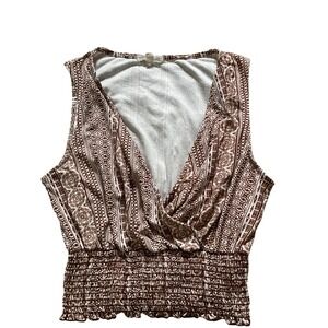 Moa Moa Brown White Geometric Medallion Print Smocked Surplice Blouse Top M